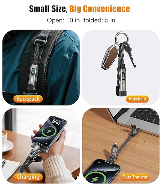 XKCZ Keychain USB C Cable with V/A/W Display, 4 in 1 Charging Cable Combo Type C/USB A/L Port, 140W Fast Charging Short Cable, USB C Keychain Portable Cord for iPhone/iPad/Samsung/Laptop, 8 inches
