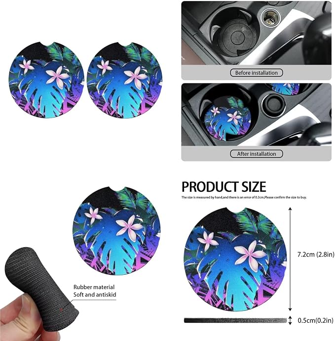 Tropical 13 Pcs Car Seat Cover Set, Palm Leaf Cyberpunk Polyester Front Seat Rear Auto Armrest Cover, Neon Gradient Steering Wheel Sleeve Full Set Cars Headrest