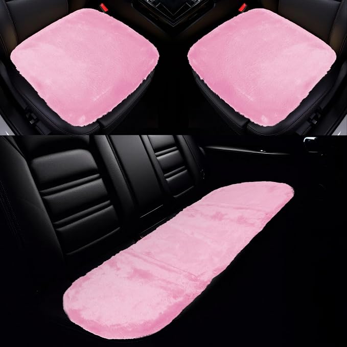 X AUTOHAUX Universal Car Seat Cover Set Car Seat Cushion for Front Rear Seat Shearling Wool Seat Mat Pink 1 Set