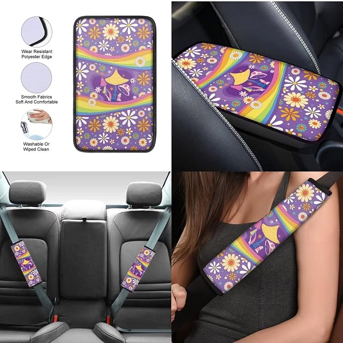 Mumeson Cute Hippie Flower Mushroom Car Seat Covers Set with Steering Wheel Cover + Safety Seat Belt Pads + Armrest Cushion Pad for Car 8 Pack Car Accessories Decor for Womens Universal