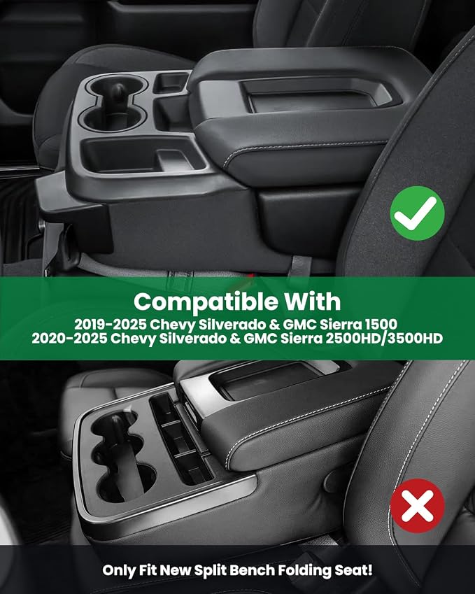 Center Console Hanging Organizer with Cup Holder for Chevy Silverado & GMC Sierra 1500 (2019–2026) and 2500HD 3500HD (2020–2026), Bench Seat Console Organizer Storage Box (Split-Bench Folding Seat)