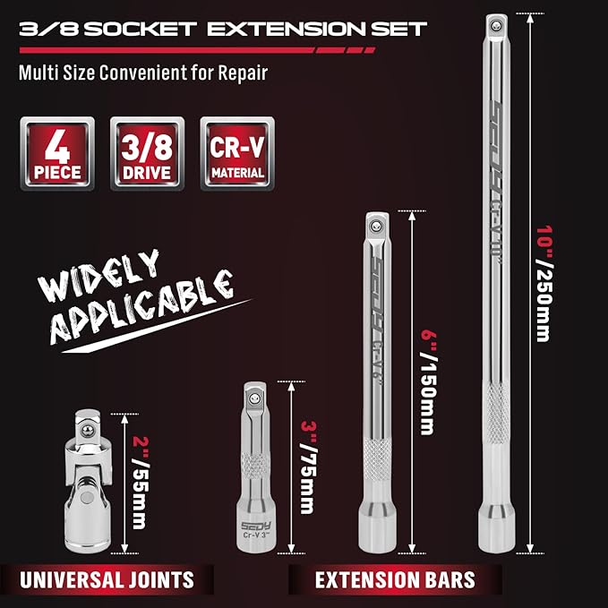 4-Piece 3/8" Drive Socket Extension Bar Set, Professional Socket Extension Set Include 3, 6, and 10 Inch Extensions and 3/8 Inch drive Universal Joint Sockets, Premium Cr-V Steel Construction