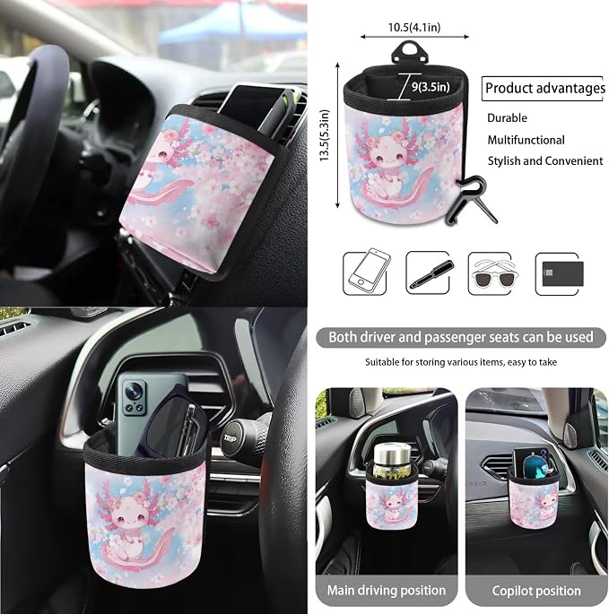 Cute Axolotl Print Car Accessories Seat Covers Full Set Cherry Blossom Print Car Front Back Seat Cover Steering Wheel Cover Safety Belt Pads Car Rear View Mirror Protector