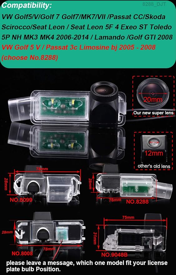 20mm Lens HD Car Rear View Backup Camera Vehicle-Specific License Plate Light Reverse Camera Night Vision, for VW Golf5/V/Golf7 MK7/VII/Passat CC/Skoda Scirocco/Seat Leon/Seat Leon 5F/Lamando