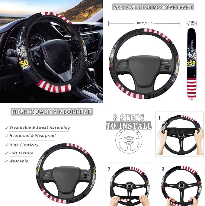 Wanyint Car Seat Cover Full Set 12 PCS, with Steering Wheel Seat Belt Cover Armrest Pad Coasters Handbrake Gear Shift Knob Set 4th of July US 250th Anniversary Auto Decor, Statue of Liberty Eagle