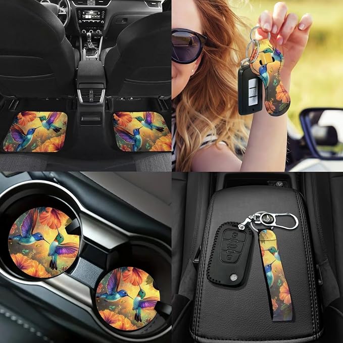 Hummingbird Flowers Car Seat Cover Set 17 Pack Hummingbird Car Interior Accessories Full Set with Seat Belt Shoulder Pad Car Arm Rest Cover Pad Universal Automotive Carpet Floor Mats Set of 4