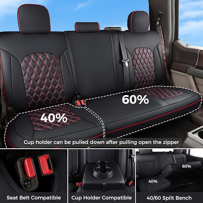 Huidasource Tundra Back Seat Covers for 2022 2023 2024 2025 2026 Toyota Tundra Rear Seat Covers, Nappa Leather Truck Seat Cover, Custom Cushion Protector, CrewMax/Double Cab Pickup(Rear/Black＆Red)