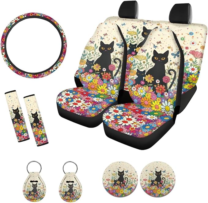 Suobstales Cat Butterfly Daisy Flower Print Car Accessories with Car Front Rear Split Seat Covers, Seat Belt Pads + Steering Wheel Cover + Coaster + Keyrings for Women Set of 11-Pcs