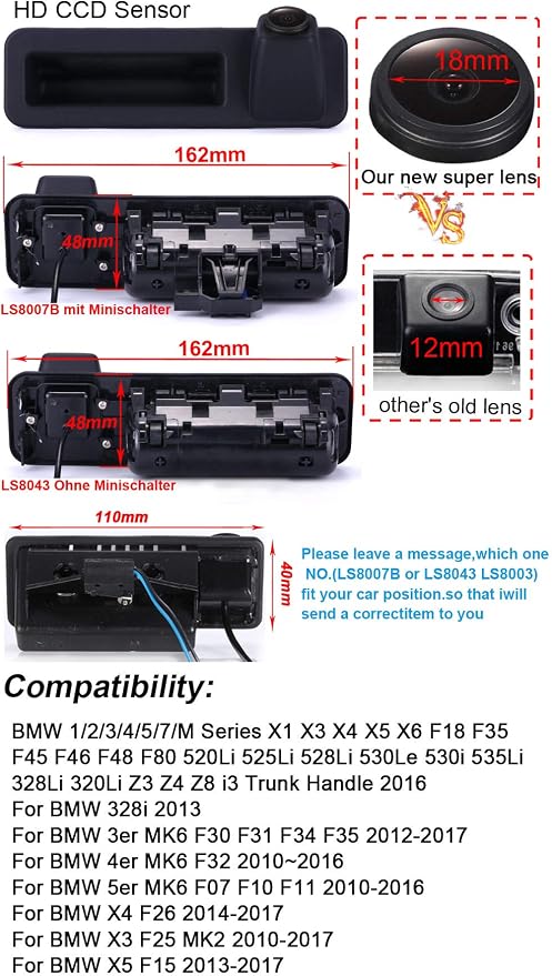 HD IP68 170° Rear View Reverse Trunk Handle Backup Camera Compatible with BMW F18 F35/F45 F46 F48 F80 520Li 525Li 530i 535Li 328Li 320Li/Z3 Z4 Z8 i3 /328i/F30 F31 F34 F32/F07 F10 F11/F26/F25/F15