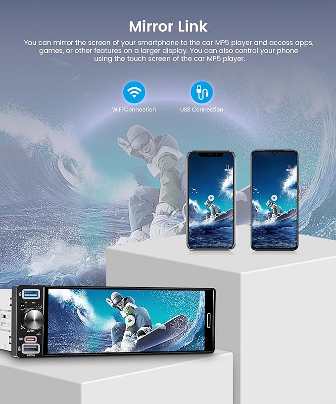 6.5 inch Single Din Car Radio Wireless Carplay Android Auto Car Stereo, 1 Din Radio Incell Touch Screen Stereo Bluetooth 5.2, Mirror Link, FM AM RDS SWC EQ USB Type-C Fast Charging, Backup Camera