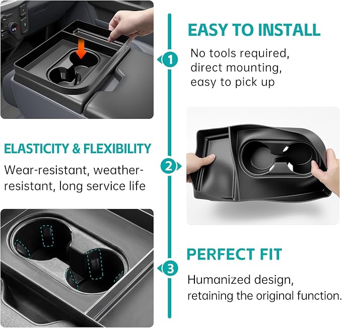 Console Cup Holder Insert for 2021-2026 Ford F150 & 2023-2026 Ford F250 F350 F450 F550 Super Duty Accessories, Noise-Free Cupholder Organizer Cup Coaster Liner for F-150 (Jump Seat Only)