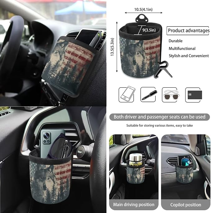 Wolf American Flag Forest Pattern Bucket Seat Rear Split Bench Cover Steering Wheel Cover Car Trash Bin Keychain Coasters Seat Belt Covers 15pcs Car Accessories