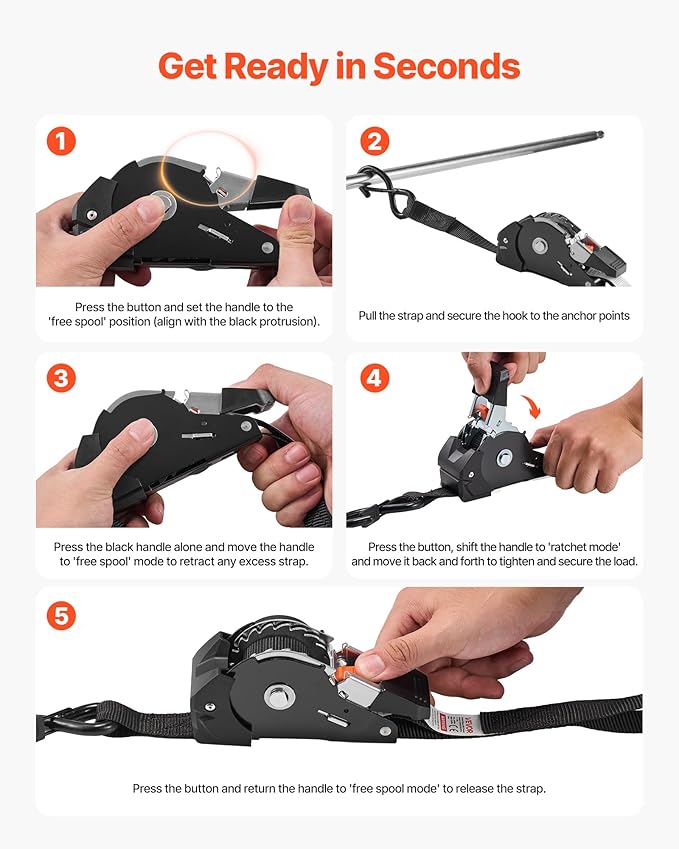 VEVOR Retractable Ratchet Straps, 1 in x 10 ft, Tie Down Straps with S Hooks, 1200 lbs Break Strength, 4 Soft Loops, Tie Down Ratcheting for Moving, Trailers, Motorcycles, Kayaks, Car Roof, 4 Pack