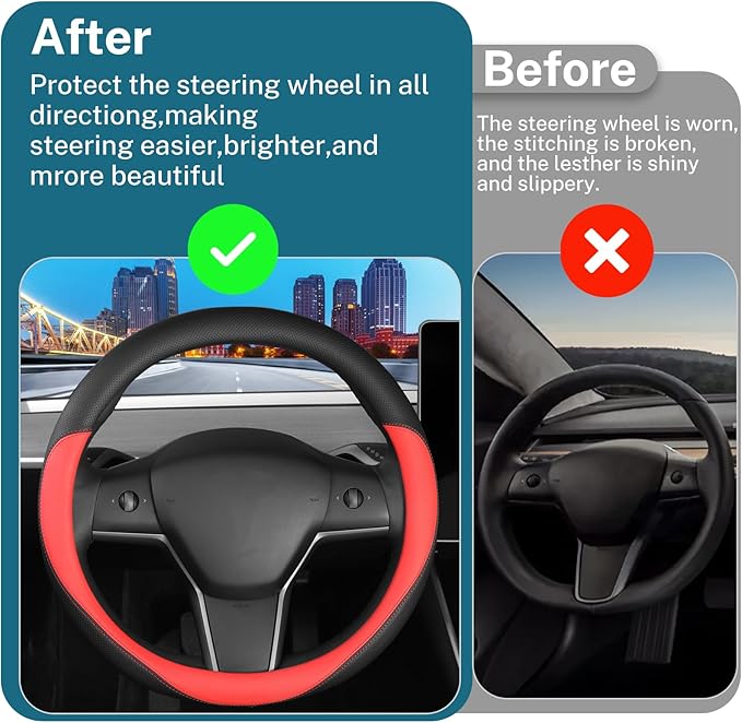 Leather Steering Wheel Cover Custom-Fit for Tesla Model 3/Y 2016-2026, Comfort Grip Design Breathable and Non-Slip, Model 3/Y Car Steering Wheel Protector, Tesla Accessories,Black(D-Style, for Tesla)