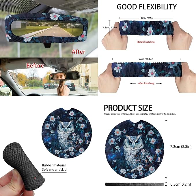Floral Owl 15 PCS Car Seat Cover Full Set with Steering Wheel Cover Seat Belt Strap Pads Cup Coasters Trash Bag Rearview Mirror Cover Keychain Auto Interior Decor