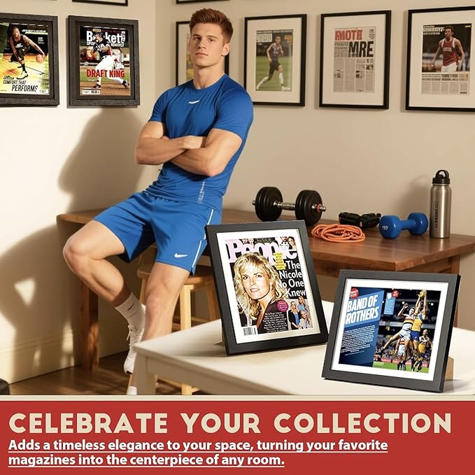JupDec Sports Magazine Frame 2 Pack, Premium Wood Display Case for 8" x 10.5" Magazines, Wall Mount or Tabletop Stand, Layered Design with Positioning Mat, Perfect for Sports Fans & Home Decor, White