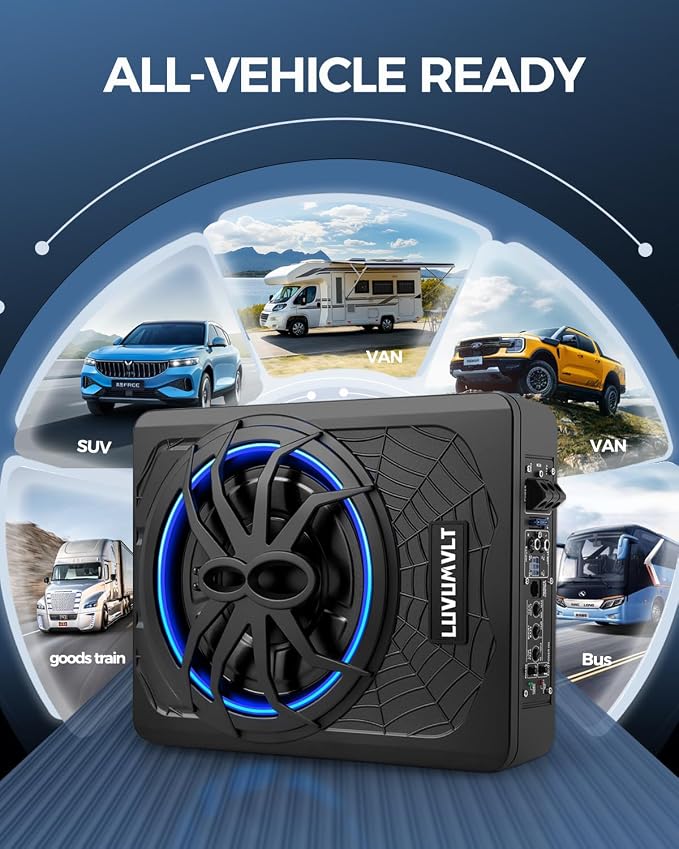 1200W 10" Car Subwoofer, Slim Under Seat Powered Subwoofer and Amp Package,High/Low Level Input, Car/Truck Audio Sub Built-in Amplifier amp Combo Package, with Blue LED Light