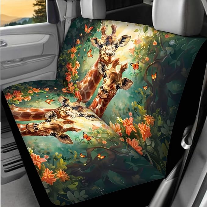 BIGCARJOB Animal Giraffe Car Seat Cover Set for Front and Rear,15 Pcs Funny Car Seat Interior Accessories Full Set with Seat Belt Pads,Car Seat Head Rest Protective Cover,Auto Garbage Bag