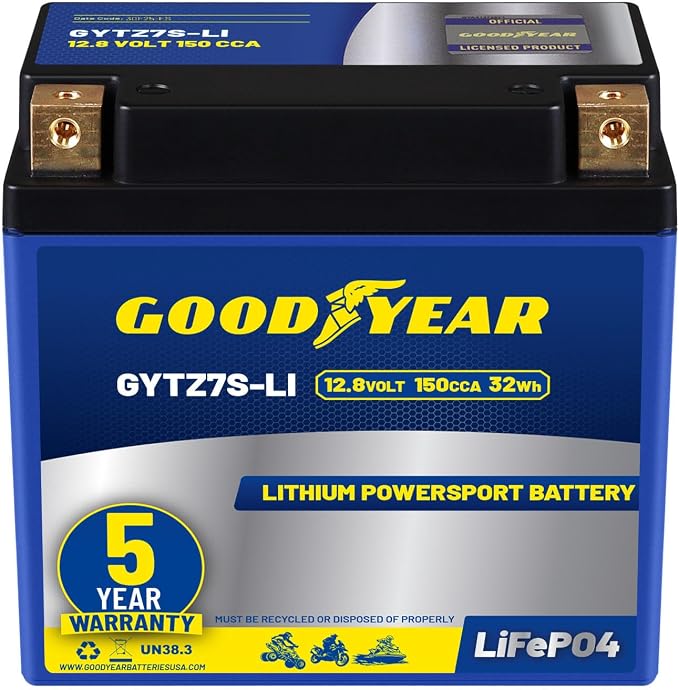 Goodyear GYTZ7S-LI Lithium LiFePO4 12.8V 150CCA Rechargeable High Performance Powersport Battery with Smart BMS Replacement for Motorcycle, ATV, UTV, Scooter, Watercraft, Jet Ski, and Snowmobile