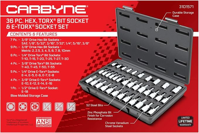 CARBYNE 36-Piece Hex (Allen) Torx Bit Socket and E-Torx Set, SAE and Metric, S2 Steel Bits, CrV Sockets, 1/4 in. 3/8 in. 1/2 in. Drive, Zinc Phosphate, Genuine Licensed Torx, Durable Case
