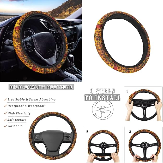 Cardinal Sunflower Print Car Seat Covers Full Set, 13 PCS Auto Accessories with Soft Steering Wheel Cover, Seat Belt Shoulder Pads, Coasters for Most Cars