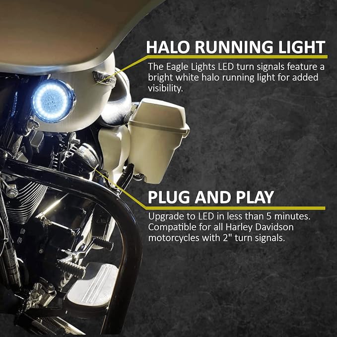 Eagle Lights 8748TS-S 2 Inch Front LED Turn Signals with White Halo Running Lights Compatible With Harley Davidson Motorcycles - Generation I / 1157 Base/Add Smoked Lenses