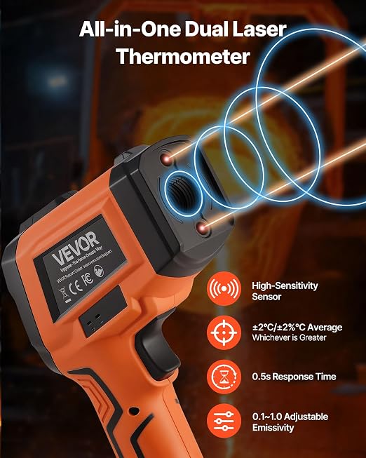 VEVOR Infrared Thermometer, -22℉ to 2192℉ Dual-Mode IR Thermometer Gun with K-Type Thermocouple, Dual Laser Heat Temperature Gun Non-Contact for Cooking Griddle Engine Industrial Use (Not for Human)
