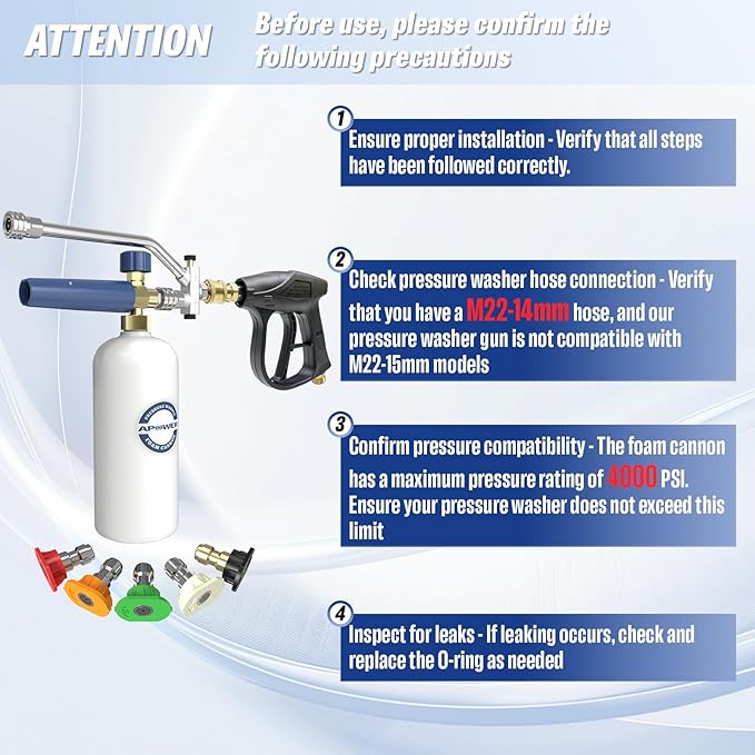 Foam Cannon Dual Connector for Pressure Washer, Double Tip Attachment for Soap Cannon, Pressure Washer Gun and 7 Power Washer Sprayer Nozzles Tips for Car Wash Kit