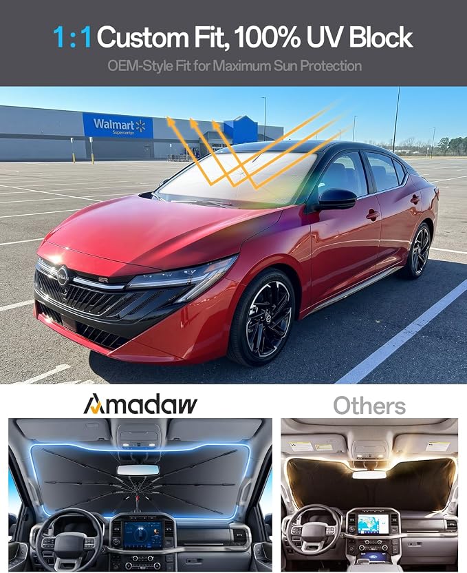 Windshield Sun Shade for Nissan Sentra/Altima 2000–2026, Foldable Umbrella Sunshade with 100% UV Block, Multi-Layer Heat Insulation, Reinforced 10-Rib Frame, Keeps Car Cooler