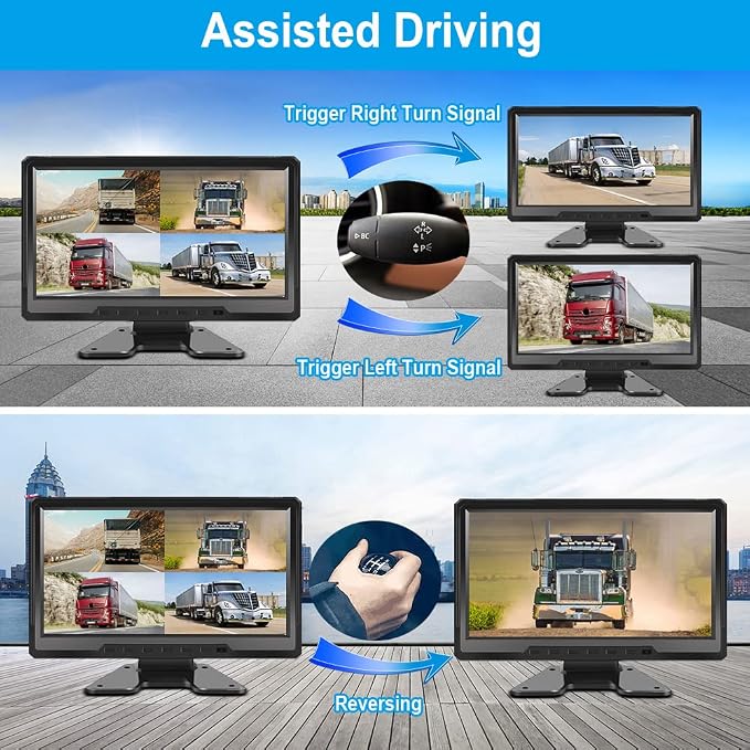 VSYSTO 4CH Truck Dash Camera, 10.1'' Monitor 1/2/3/4 Split Screen 720P Backup Camera System with Front & Sides & Rear Cameras Infrared Night Vision Lens for Semi Trailer Van Tractor RV (X10)