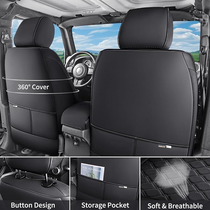 Huidasource F150 Front Seat Covers Fit for Ford F150 2015-2026 & F250 F350 F450 2017-2026 All Cab XL XLT Lariat King Ranch Platinum, 360° Full-wrap Leather Automotive Car Seat Covers, Black