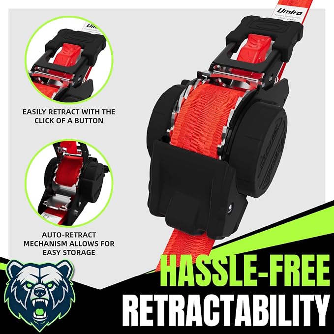 Retractable Ratchet Straps, 4-Pack, 1 Inch x 12 Feet Heavy Duty Tie Downs, 1760lb Break Strength, Self Retracting for Truck, Cargo, Trailer, Motorcycle, ATV, UTV (Red, 4pack)