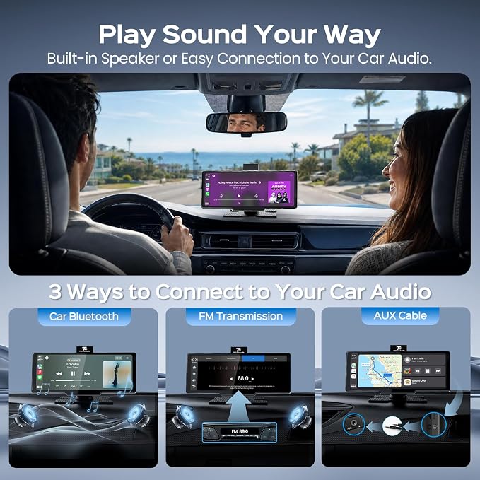 TECXERLLON 10.26" Portable Apple CarPlay Screen for Car, Wireless Car Play & Android Auto, 4K Dash Cam and 1080P Backup Camera, OTA, GPS Navigation, Voice Control, Mirror Link
