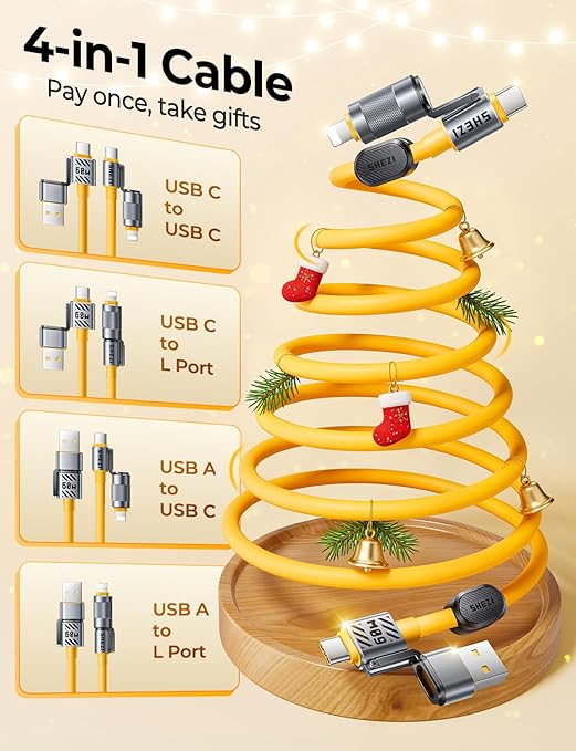 Coiled Cable & Clip 4-in-1 USB C Cable 60W Compatible with Lightning Cable Fast Charging & Data Transfer, Support to CarPlay & Android Auto, 5FT Multi Cord Combo Charger for iPhone/iPad