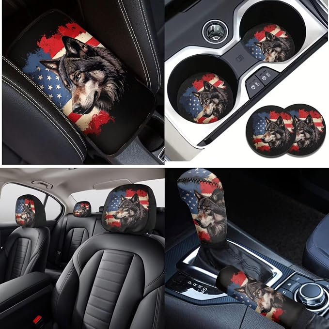 Lotusorchid Wolf Print Car Accessories Full Set, American Flag Printed Car Front Back Seat Covers and Gear Shift Knob Cover, Anti-Dust Steering Wheel Cover and Auto Seat Covers for Cars