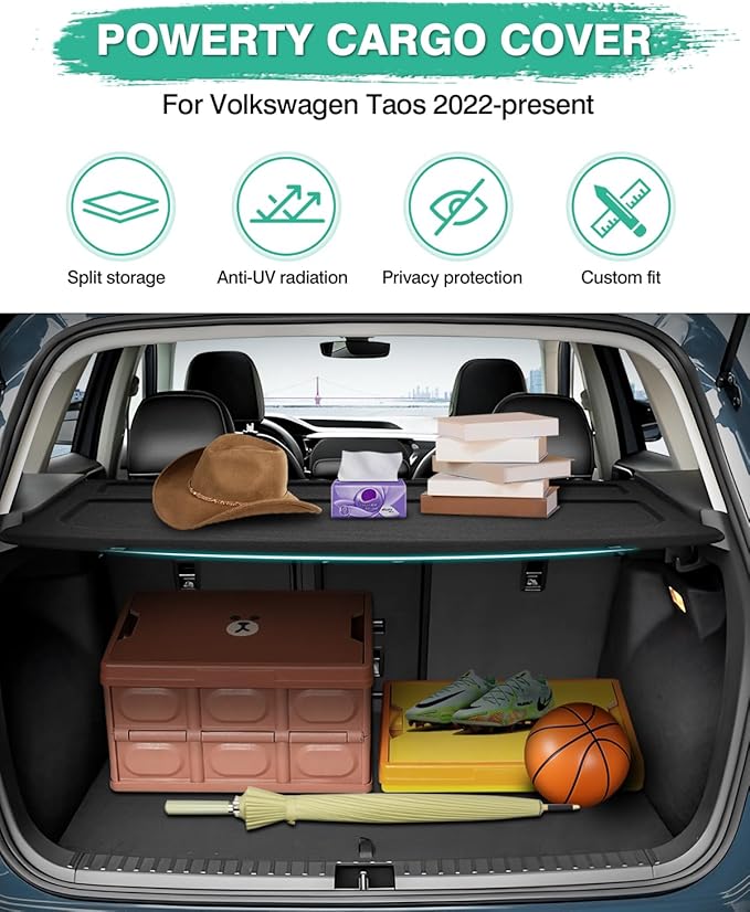 Powerty Cargo Cover for 2022 2023 2024 2025 Volkswagen VW Taos Accessories Trunk Cover Trunk Shielding Shade Cargo Luggage Cover Black (Can Withstand The Load)