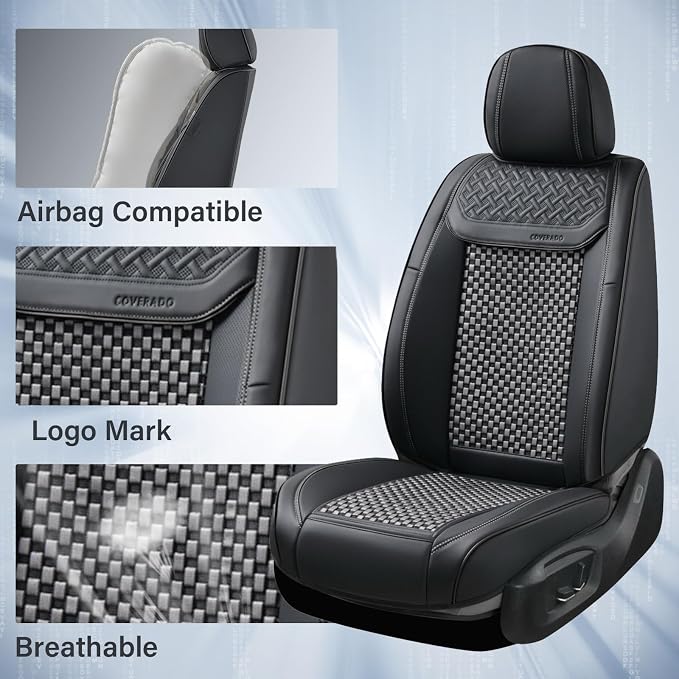 Coverado 2 in 1 Seat Covers for Car Full Set, Conversions Between Warm Suede and Cold Ice Silk for Car Seat Protector Car Accessories Universal Fit for Most Cars SUVs and Trucks（Black&Gray）