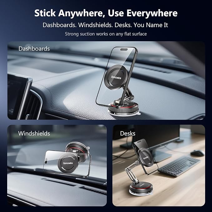SYNCWIRE for MagSafe Car Mount [3-Axis] Nano Adhesive Gel + Strong Suction Cup Magnetic Phone Holder for Dashboard & Windshield, 360° Adjustable for iPhone 17 16 15 14 13 12, Samsung, Matte Black