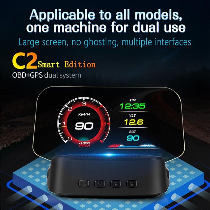 Liiiyuan Head Up Display for C2, Obd2 Display With Rpm/ Fuel Consumption/ Water Temperature/ Over-Speed Alarm, Gps Speedometer for Car, Suitable for All Cars