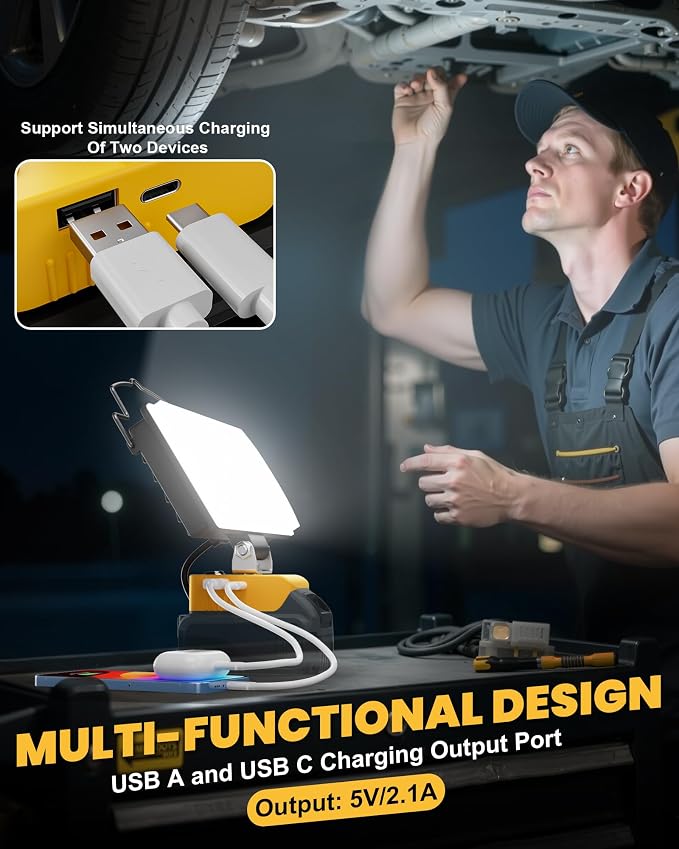 Cordless Tire Inflator Air Compressor & 100W LED Work Light Bundle for Dewalt 20V, 10000LM Flashlight Portable LED Flood Light, Battery Not Included