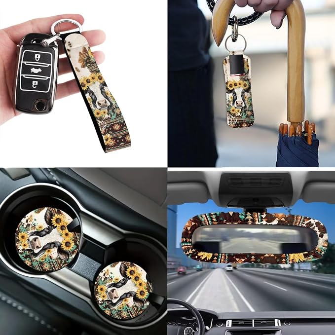 Aztec Cow Car Seat Covers Full Set with Steering Wheel Cover Car Seat Belt Cover Rear View Mirror Cover Car Trash Can Car Coasters Wristlet Keychain Keychains，12 Pieces