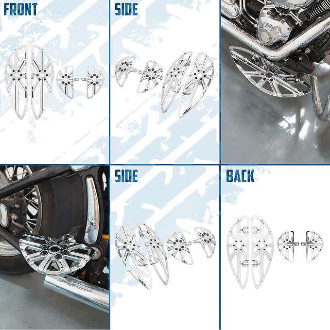 Motorcycle Floorboards Set Driver Front Footboards and Rear Passenger Foot Pegs Kit CNC Hollow Style Compatible with Harley Touring Road Glide Electra Glide Street Glide Trike Models(Chrome)