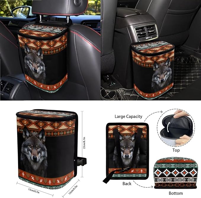 Aztec Wolf Car Front Back Seat Covers Full Set with Steering Wheel Cover Safe Belt Pads Cup Coasters Garbage Cans Rear View Mirror Cover Keychain Air Vent Storage Case, Set of 15