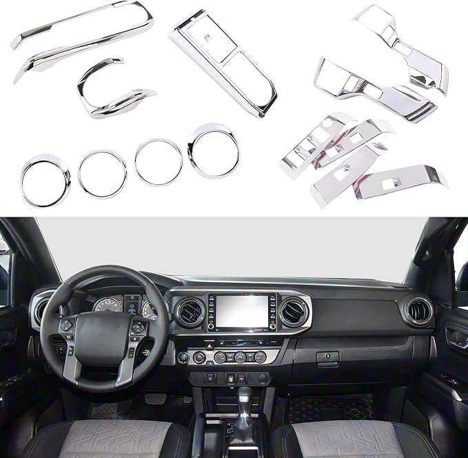 14PCS Full Set Interior Decoration Trim Kit Compatible with Toyot@ Tacoma 2016-2022 Central Control Dashboard Frame Cover Shift Knob Cover Air Vent Trim Cover Window Button Cover (Silver Gloss)