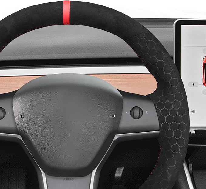 MEWANT Hand Stitch Steering Wheel Cover for Tesla Model Y Model 3 2023 Made of Black Smooth Hexagon Embossed Athsuede