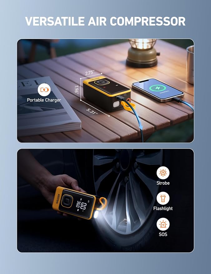 AstroAI L7 Air Tire Inflator Portable Air Compressor, 150PSI Electric Cordless Car Pump with Digital Gauge, Fast 1-Min Inflation, Auto Shutoff, LED Light for Car, SUV, Motorcycle & Bike Tires, Yellow