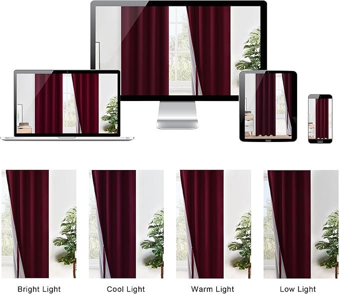 XWZO Full Shading Blackout Curtains 63 Inches Length - Heat and Light Blocking Ring Top Window Drapes with Black Liner Backing for Bedroom Sewn with Tiebacks, Burgundy, W52 x L63, Set of 2 Panels