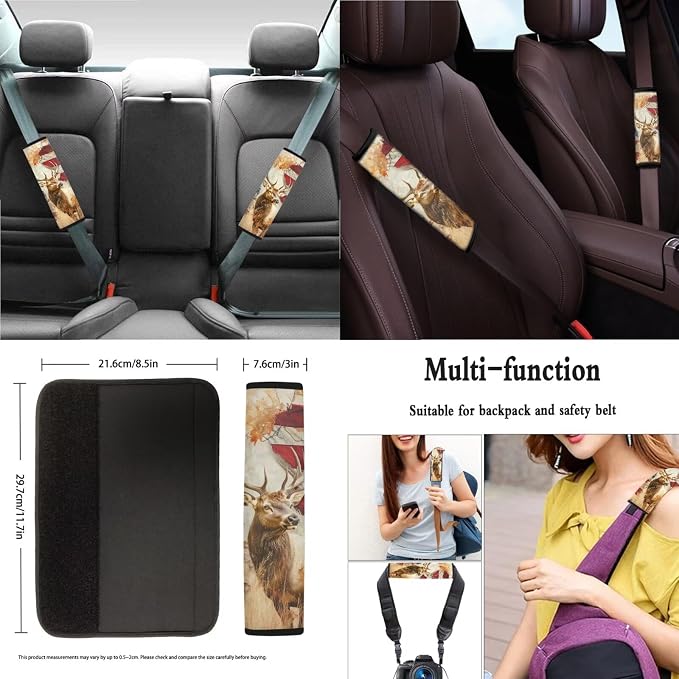 Xoenoiee American Flag Hunting Deer Pattern 11 Pcs Car Accessories Seat Cover Full Set, Steering Wheel Cover, Front & Rear Seat Cover, Seat Belt Pads, Cup Coaster, Key Chains - Universal Fit