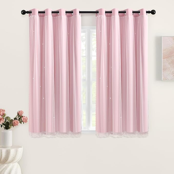 XiDi Pink Short Blackout Curtains for Bedroom 54 Inches Long 2 Panels Set, Hollw Star Design, Thermal Insulated Energy Saving Window Treatment Curtains Blackout Drapes, W52 x L54 Inch, Blush Pink