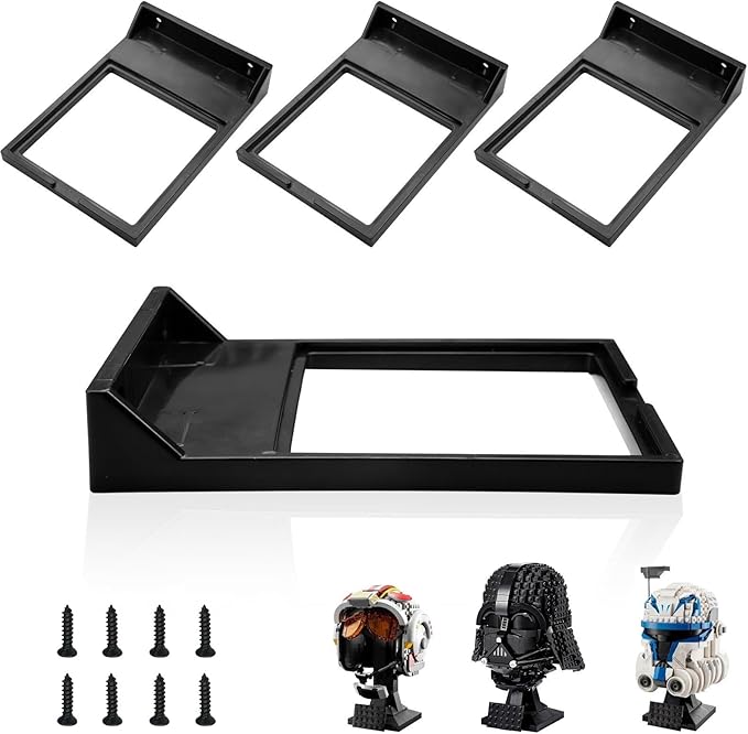 4 Pcs Black Wall Mount Display Stand Fits Lego Helmet, Wall Mount Display Shelf, Compatible with All Standard Lego Helmets, Boba Fett 75277/Tie Fighter Pilot 75274/Stormtrooper 75276